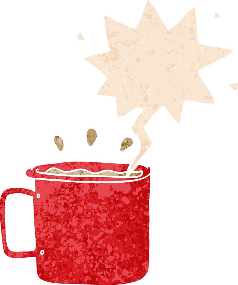 cartoon camping cup of coffee and speech bubble in retro textured style vector