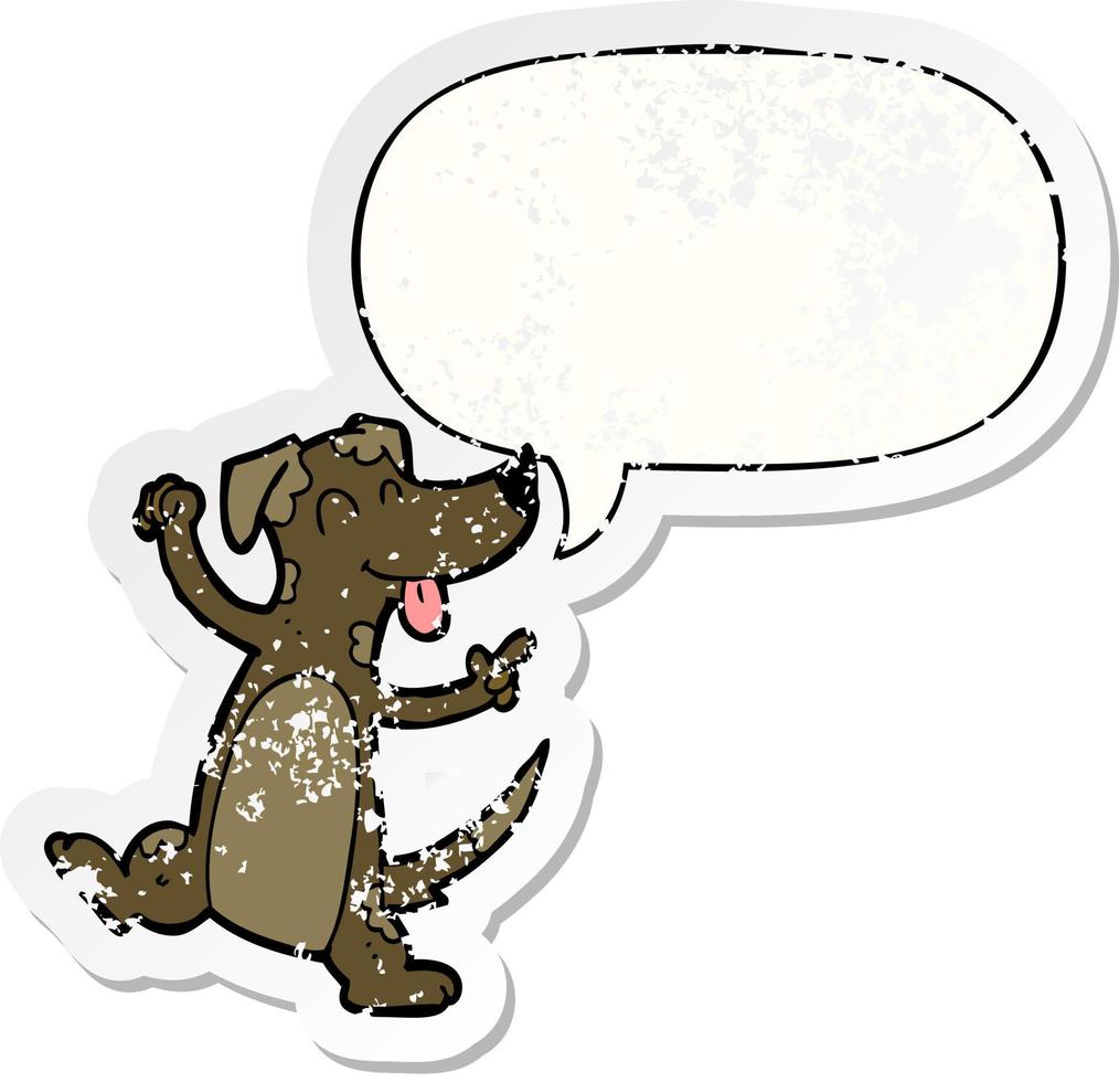 cartoon dancing dog and speech bubble distressed sticker vector