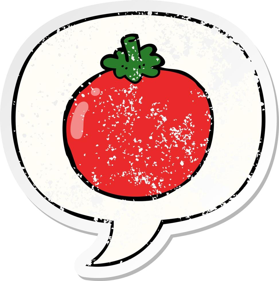 tomate de dibujos animados y etiqueta engomada angustiada de la burbuja del discurso vector