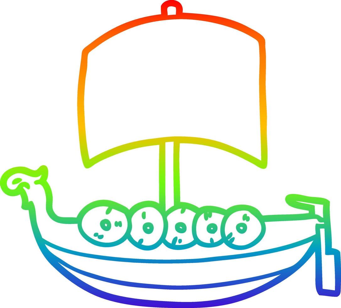 barco vikingo de dibujos animados de dibujo de línea de gradiente de arco iris vector