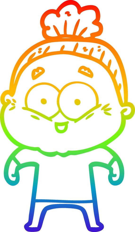 rainbow gradient line drawing cartoon happy old woman vector