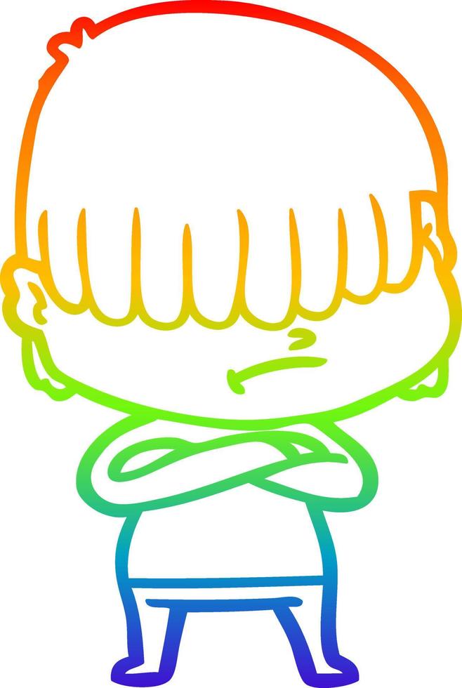 rainbow gradient line drawing cartoon boy with untidy hair vector