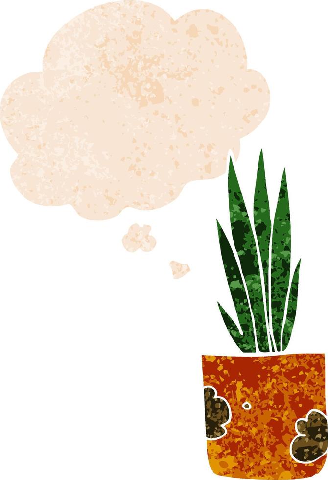 cartoon house plant and thought bubble in retro textured style vector