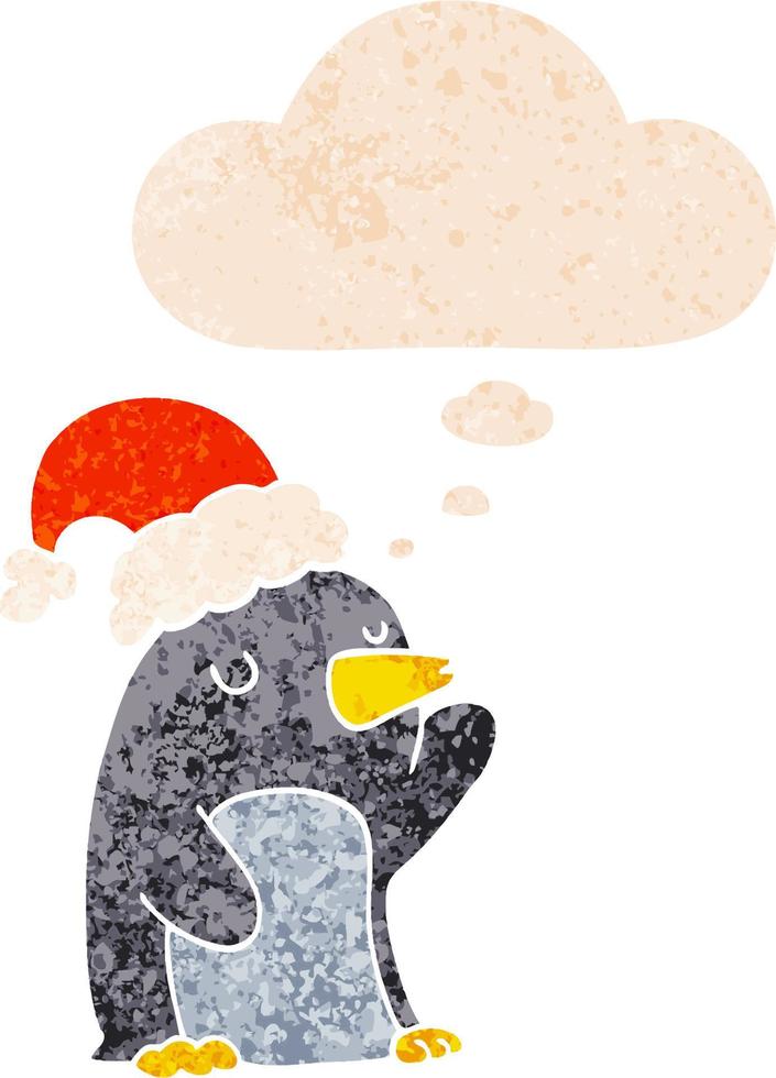 cute cartoon christmas penguin and thought bubble in retro textured style vector
