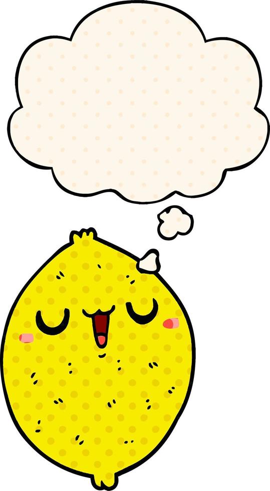 cartoon happy lemon and thought bubble in comic book style vector
