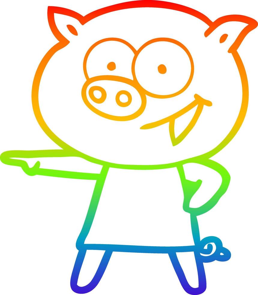 rainbow gradient line drawing cheerful pig in dress pointing cartoon vector