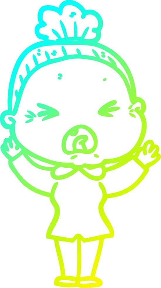 cold gradient line drawing cartoon angry old woman vector