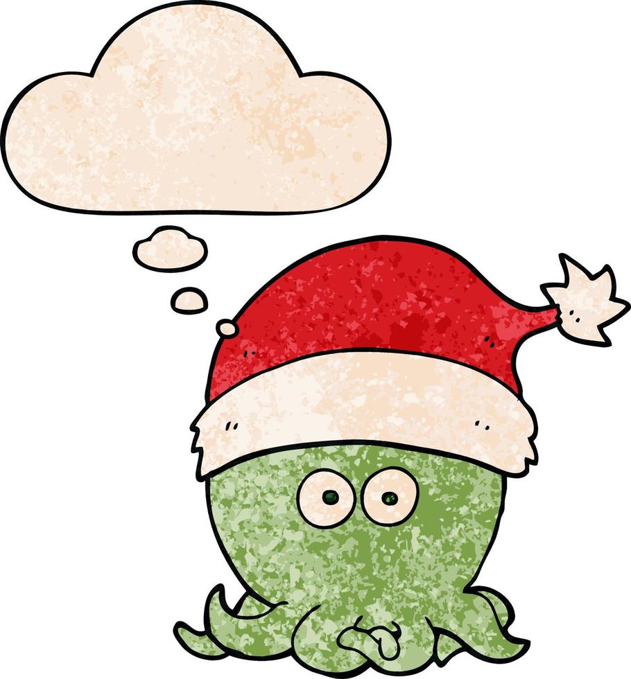cartoon octopus wearing christmas hat and thought bubble in grunge texture pattern style vector
