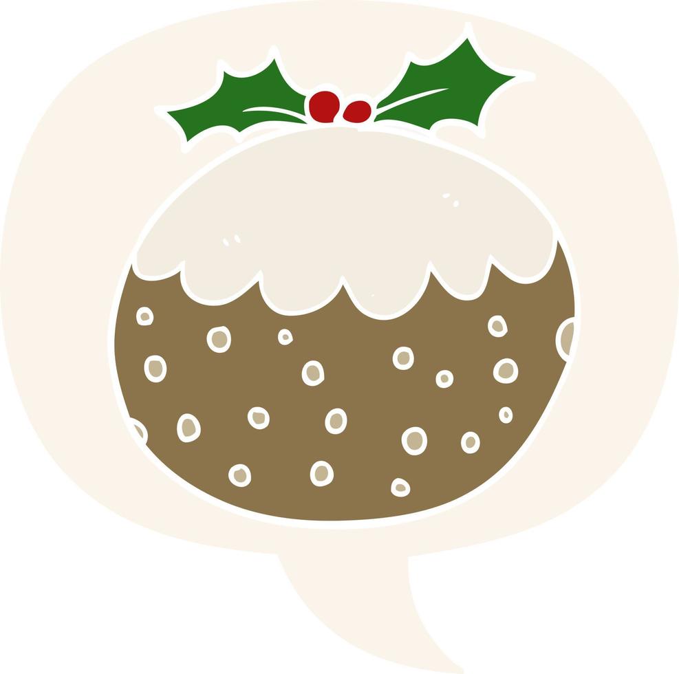 cartoon christmas pudding and speech bubble in retro style vector