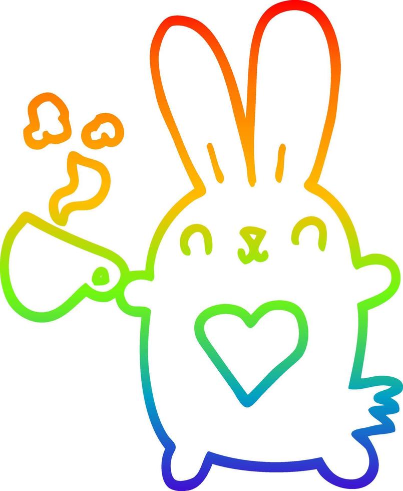 dibujo de línea de gradiente de arco iris lindo conejo de dibujos animados con corazón de amor y taza de café vector