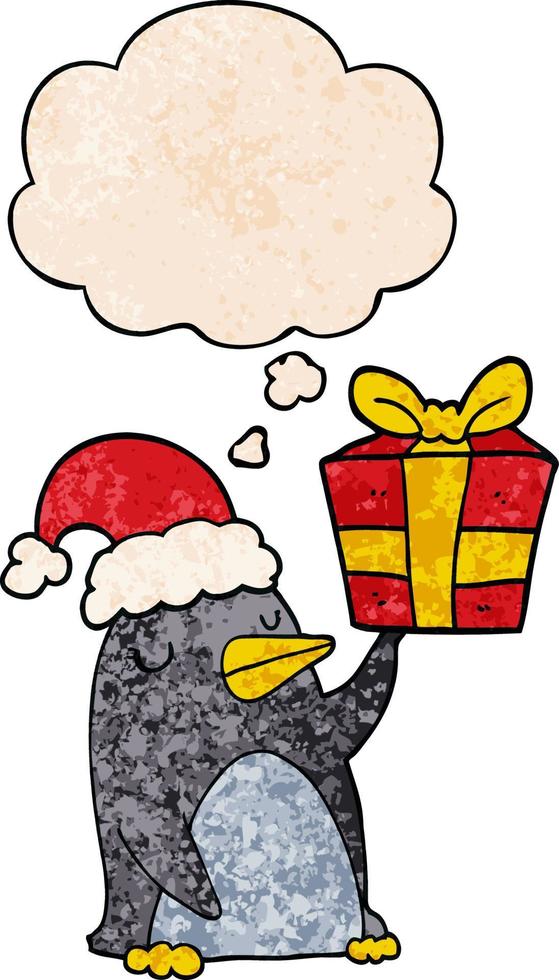 cartoon penguin with christmas present and thought bubble in grunge texture pattern style vector