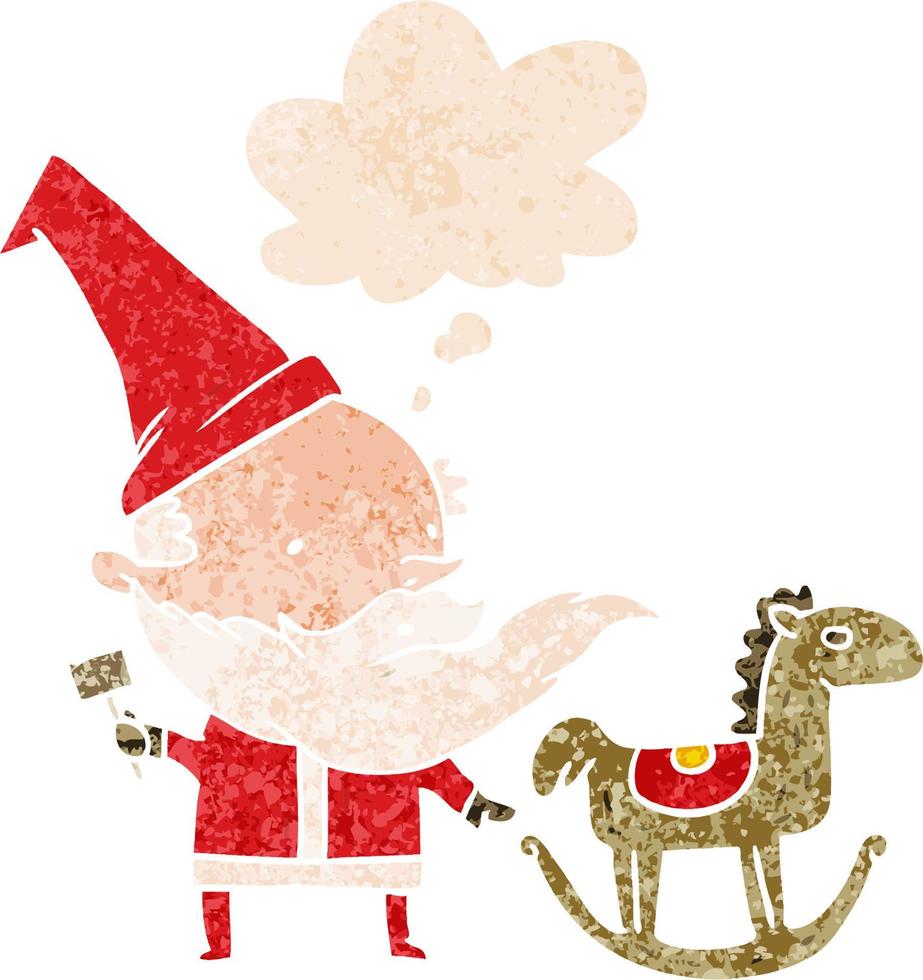 cartoon santa making toy and thought bubble in retro textured style vector