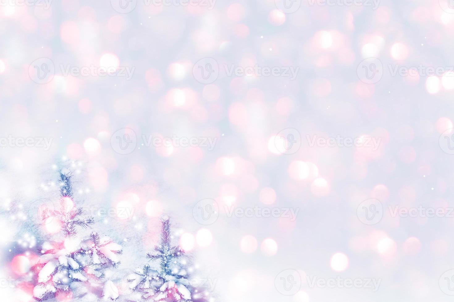 Frozen winter forest with snow covered trees. outdoor. Christmas greeting card. photo