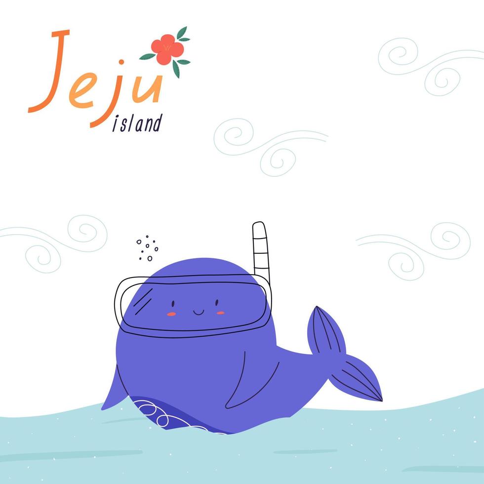 linda ballena nadando en el mar o el océano, ilustración vectorial plana de dibujos animados de afiches. inscripción en la isla de jeju, postal de viaje. mamífero marino infantil nadando con máscara de snorkel. vector