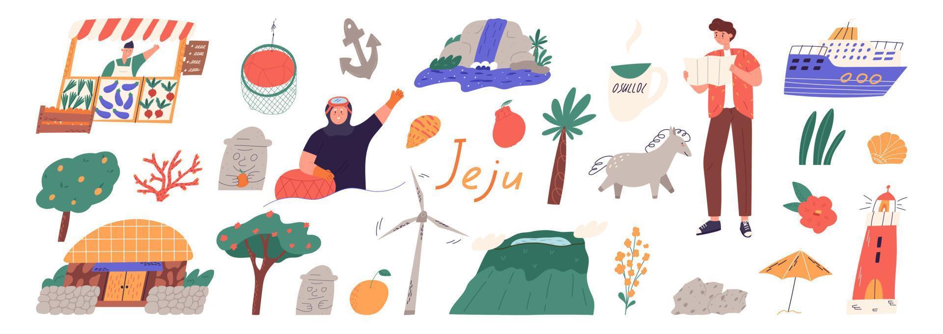 conjunto de puntos de referencia de la isla de jeju e iconos de símbolos, ilustración vectorial plana de dibujos animados aislada en fondo blanco. montaña hallasan, mujer haenyeo, dolhareuband, faro, barco y mandarina dekopon. vector