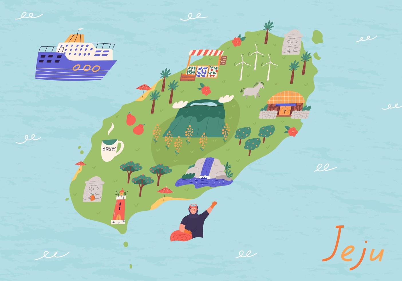 Jeju island map with landmarks, cartoon flat vector illustration. Korean island Jejudo - Hallasan mountain, waterfall, Haenyeo woman, Dol hareubang and Seongeup folk village.