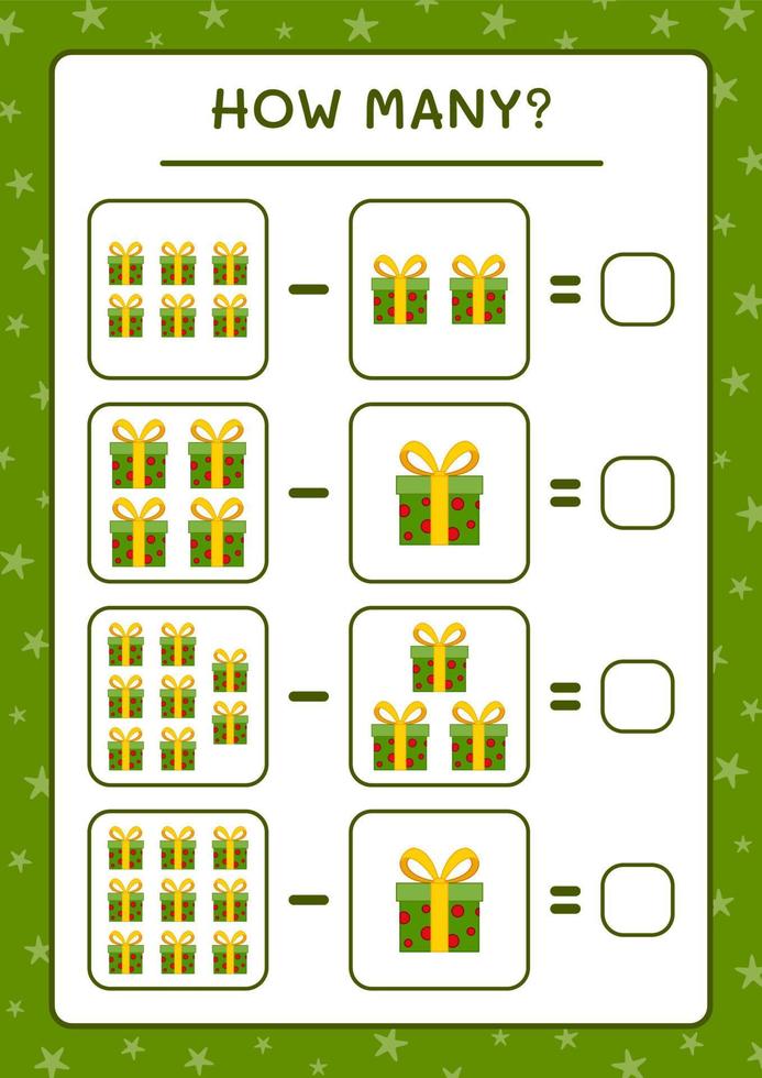 cuantas cajas de regalo, juegos para niños. ilustración vectorial, hoja de cálculo imprimible vector