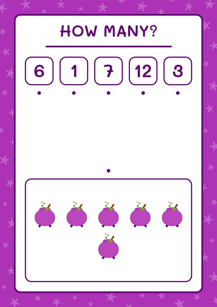 How many Cauldron, game for children. Vector illustration, printable worksheet