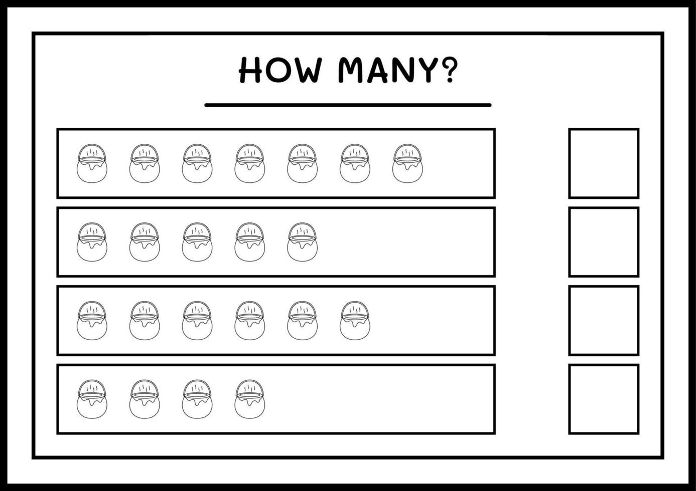 How many Cauldron, game for children. Vector illustration, printable worksheet