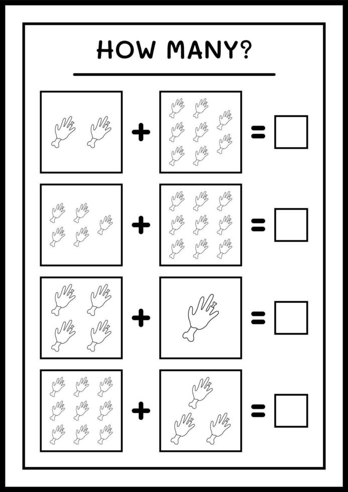 How many Zombie Hand, game for children. Vector illustration, printable worksheet