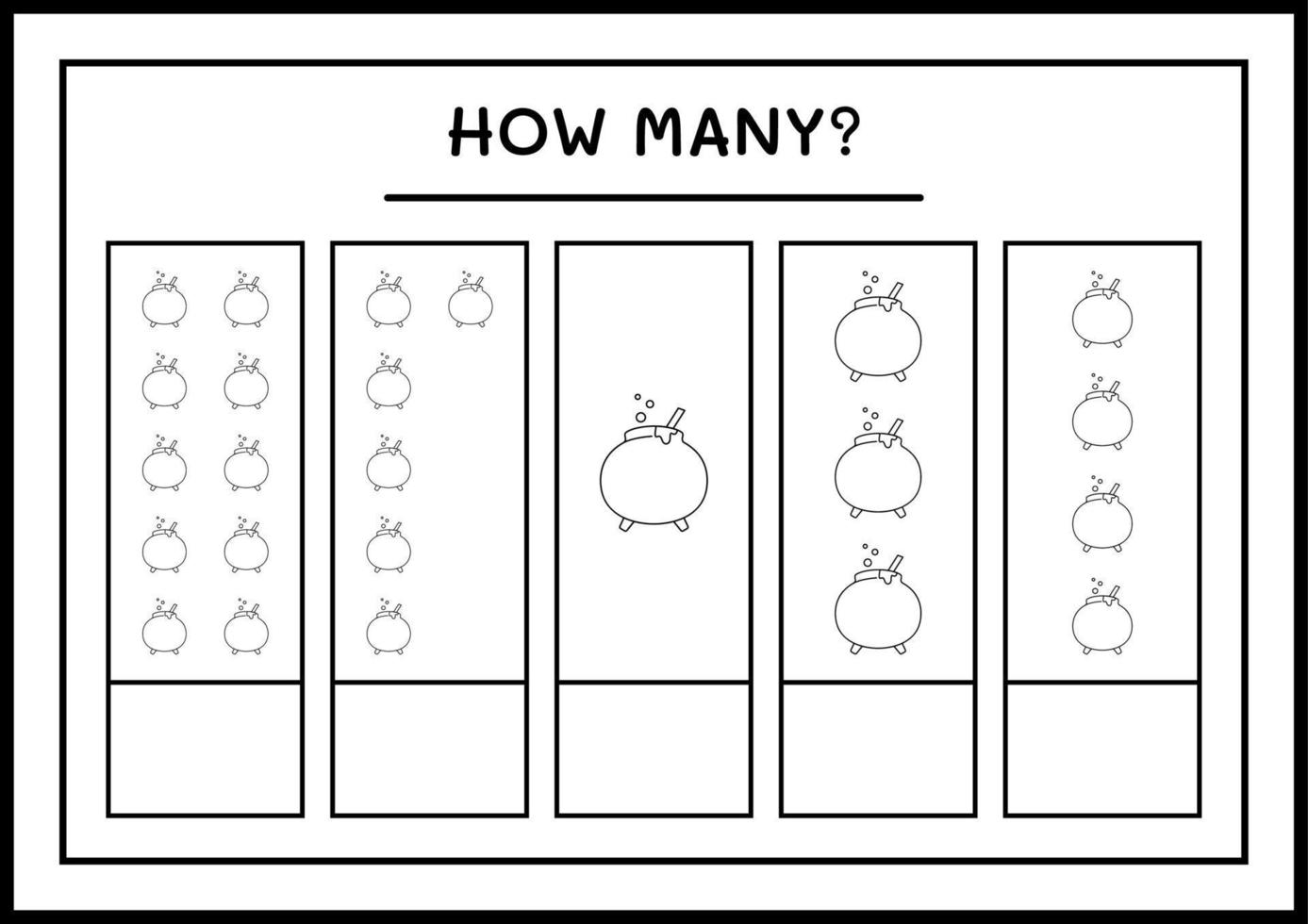 How many Cauldron, game for children. Vector illustration, printable worksheet