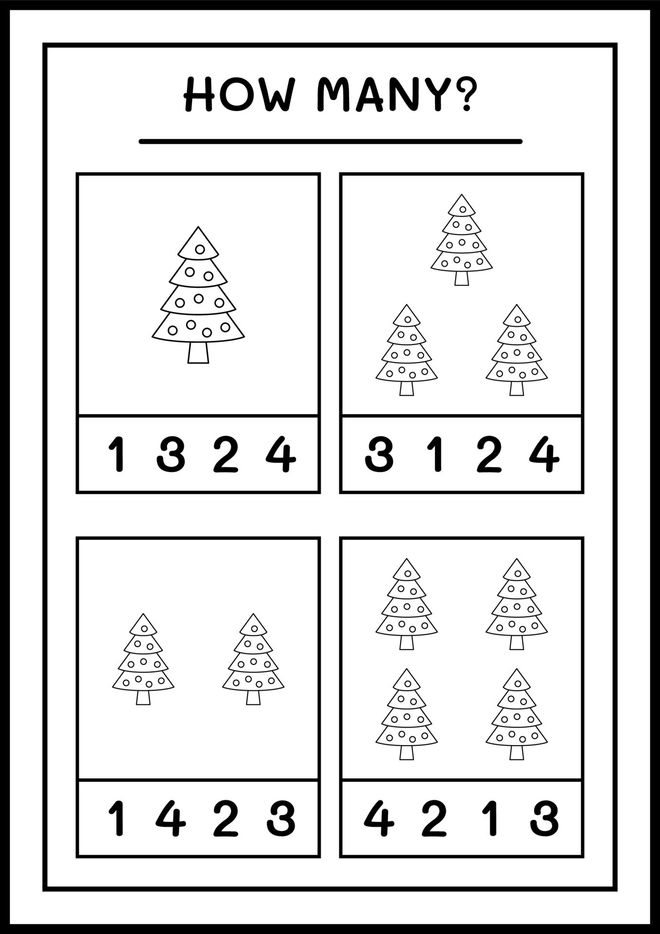 How many christmas tree, game for children. Vector illustration