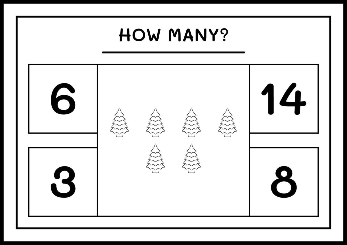 How many christmas tree, game for children. Vector illustration, printable worksheet