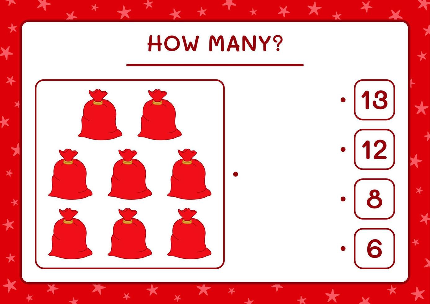 How many santa claus red bag, game for children. Vector illustration, printable worksheet