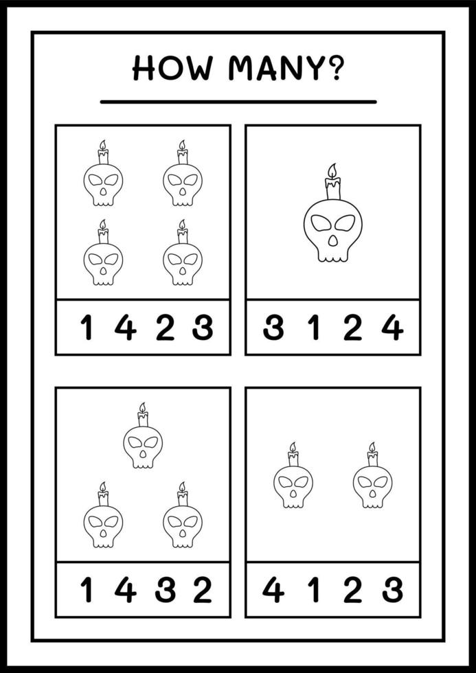 How many Skull with Candle, game for children. Vector illustration, printable worksheet