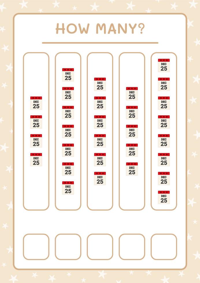 How many christmas calendar, game for children. Vector illustration, printable worksheet