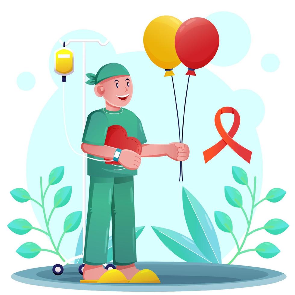 niño con cáncer sosteniendo globo vector