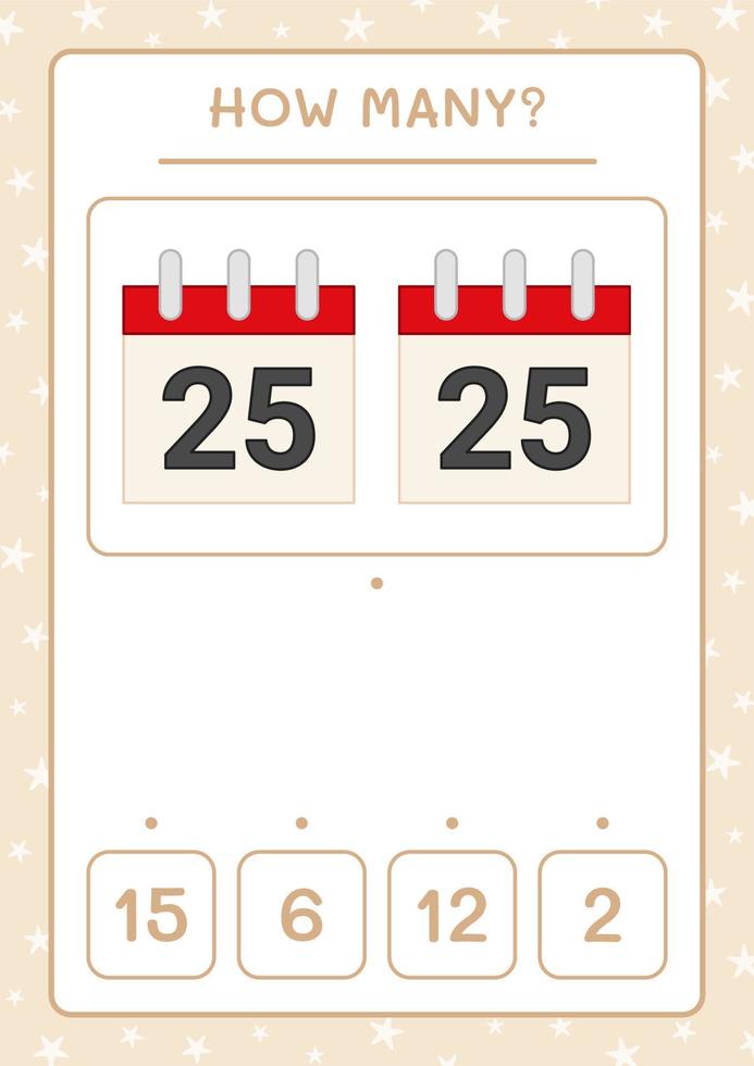 How many christmas calendar, game for children. Vector illustration, printable worksheet