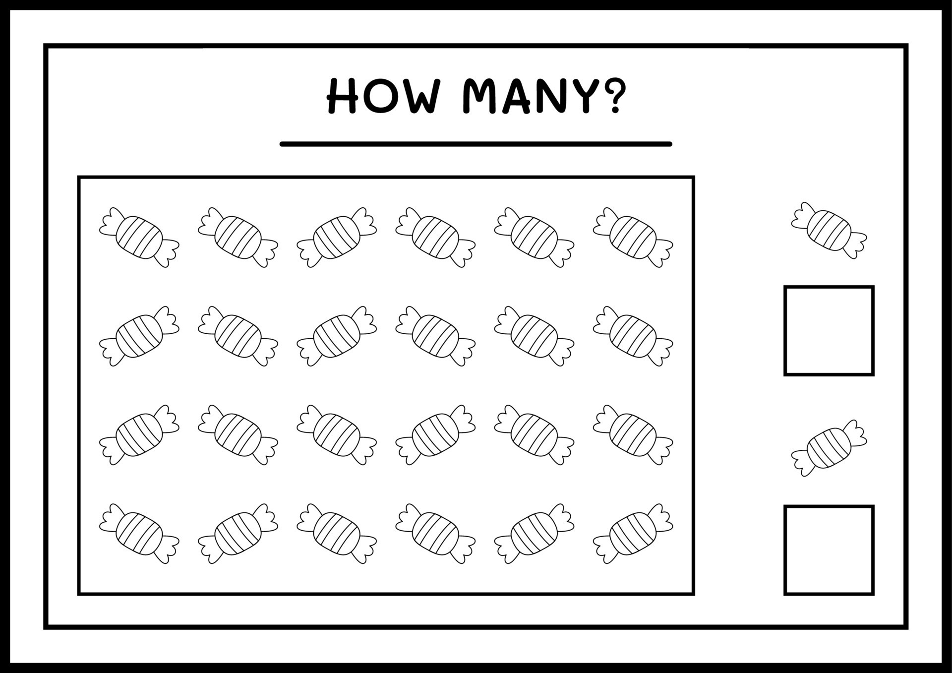 How many Candy, game for children. Vector illustration, printable