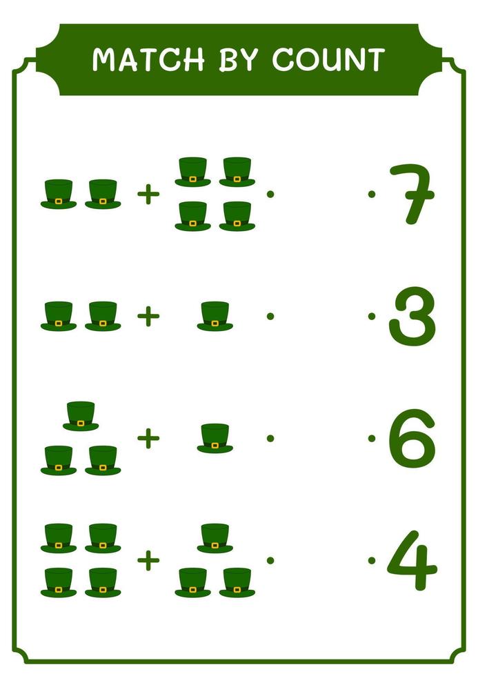 Match by count of St. Patrick's Day hat, game for children. Vector illustration, printable worksheet