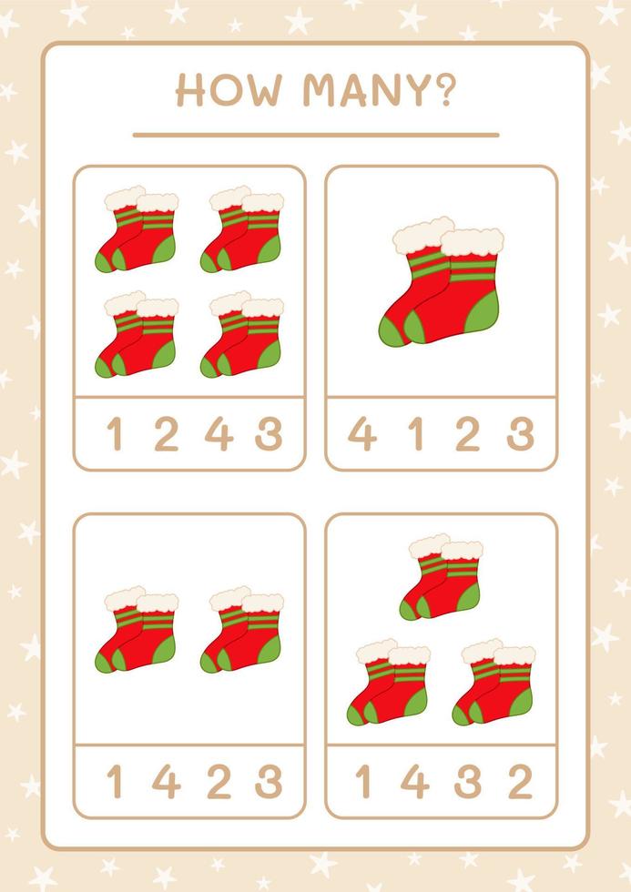 cuantos calcetines navideños, juego para niños. ilustración vectorial, hoja de cálculo imprimible vector