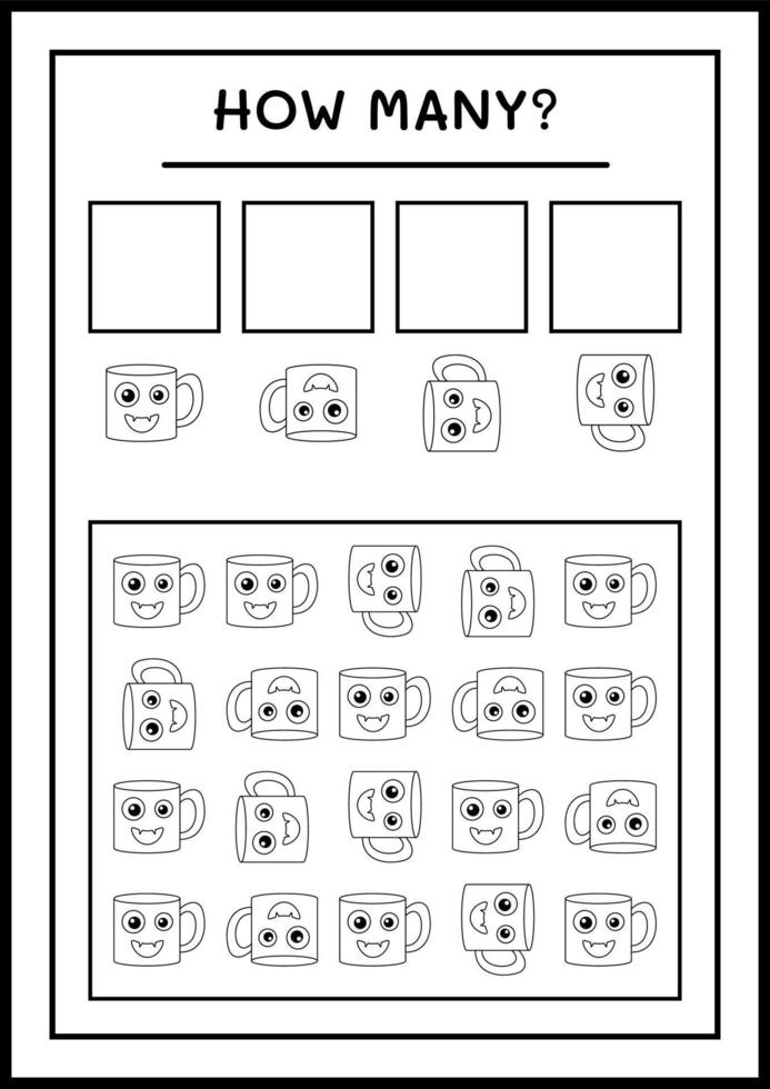 How many Mug, game for children. Vector illustration, printable worksheet