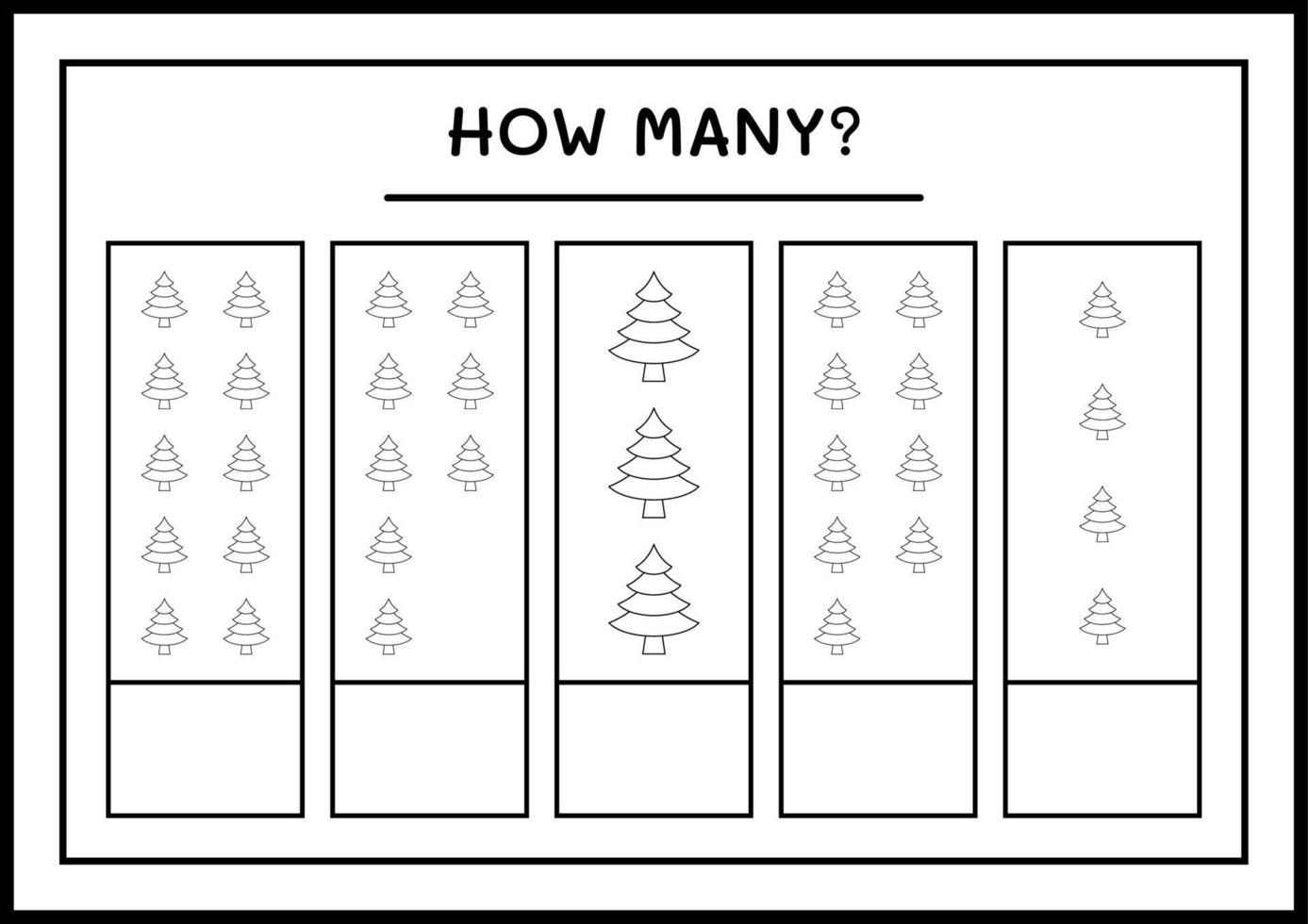 How many christmas tree, game for children. Vector illustration, printable worksheet