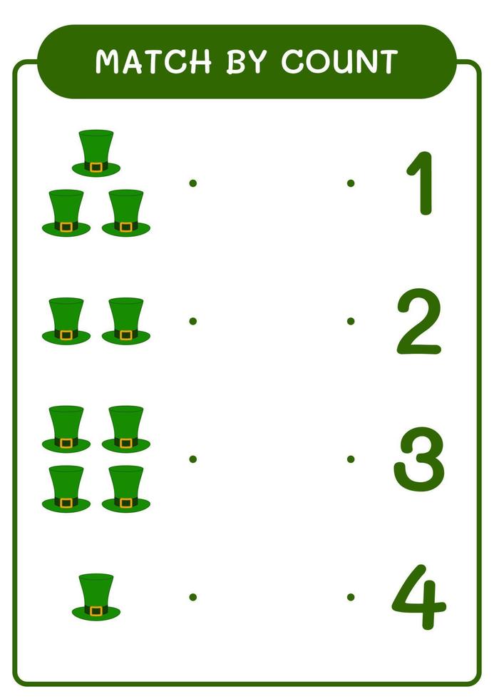 Match by count of St. Patrick's Day hat, game for children. Vector illustration, printable worksheet