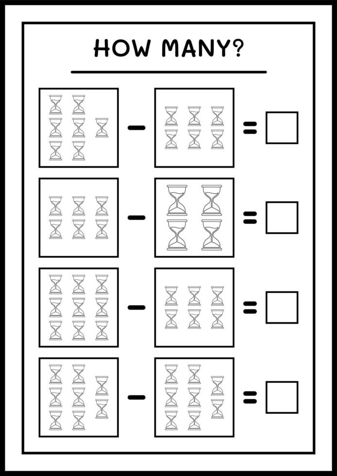 How many Hourglass, game for children. Vector illustration, printable worksheet