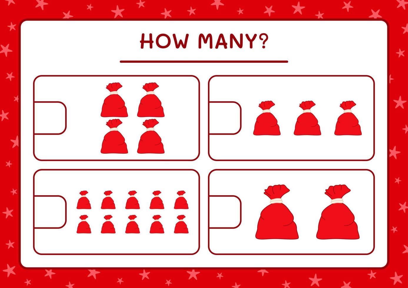 How many santa claus red bag, game for children. Vector illustration, printable worksheet