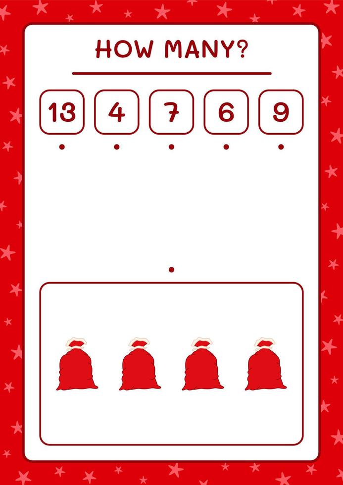 How many santa claus red bag, game for children. Vector illustration, printable worksheet