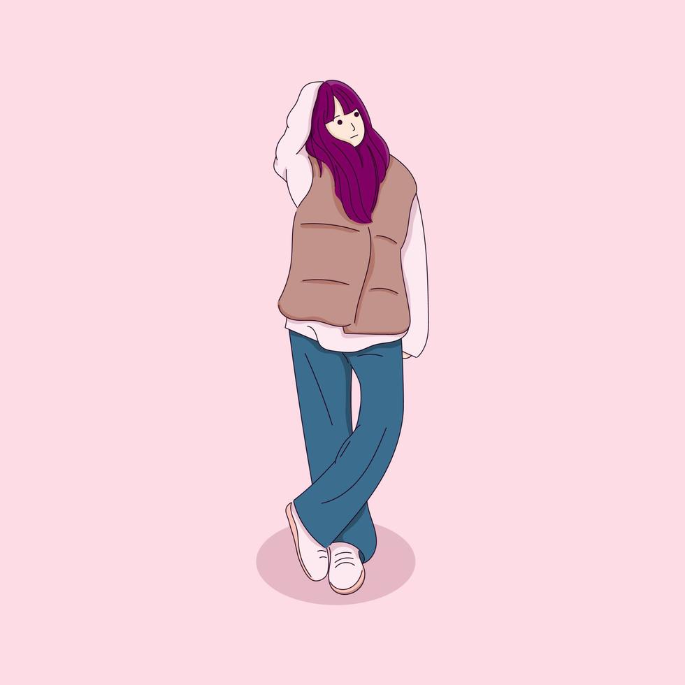 ilustración de personaje femenino de pie con las manos en la cabeza vector