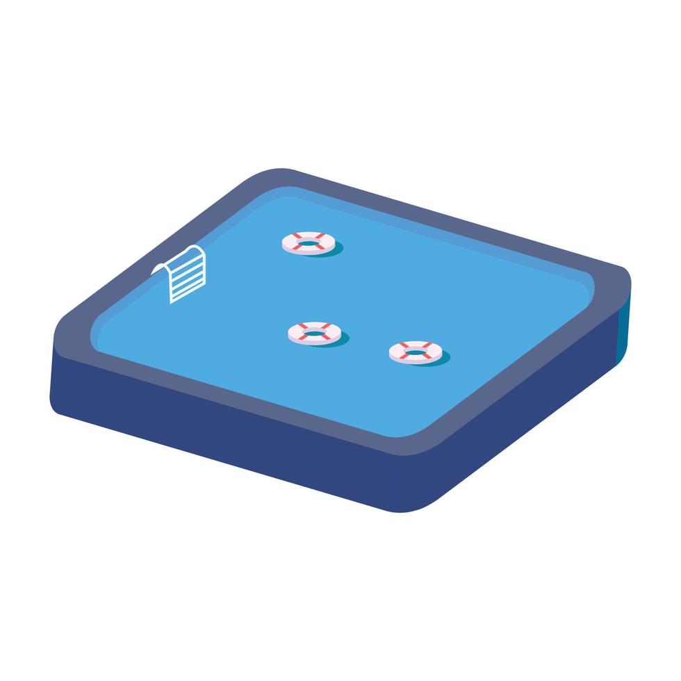 Isometric swimming pool vector design with the lifebuoy. Swimming pool vector with the isometric landscape shapes. Pool with a lifebuoy and blue water in the summertime.