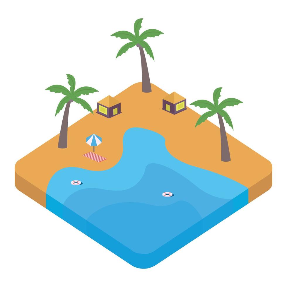 Diseño vectorial de playa de arena 3d con salvavidas y edificios turísticos. vector de playa de arena con forma de paisaje isométrica. playa con salvavidas y cocoteros en verano.