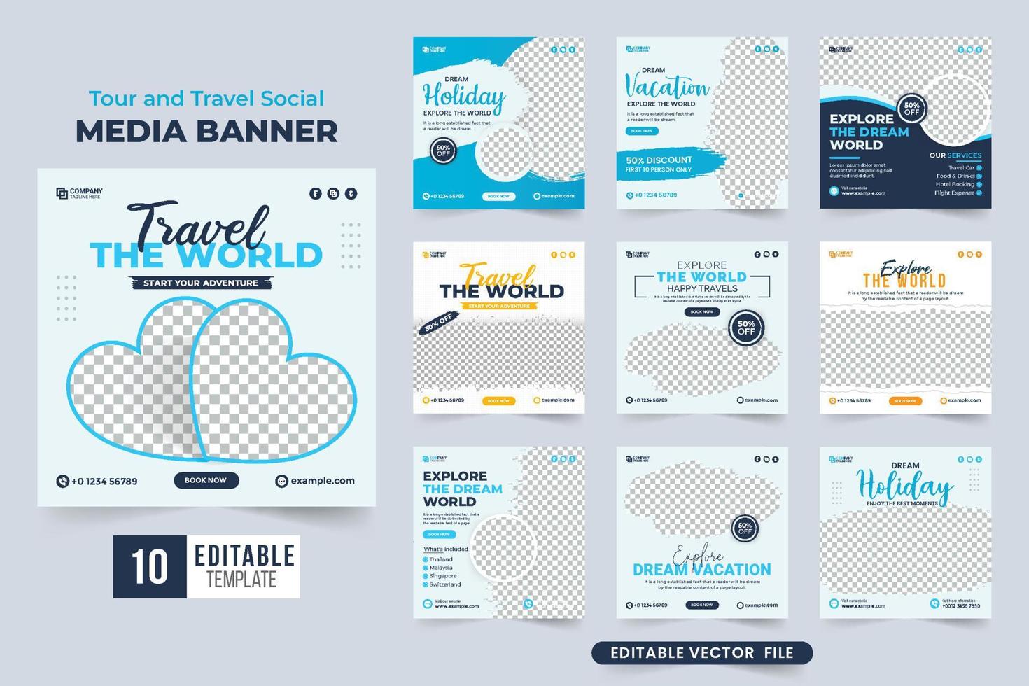 Travel social media post design collection for business advertisement. Touring agency promotion banner collection with discount offer. Tour and travel flyer set vector with dark blue and white color.