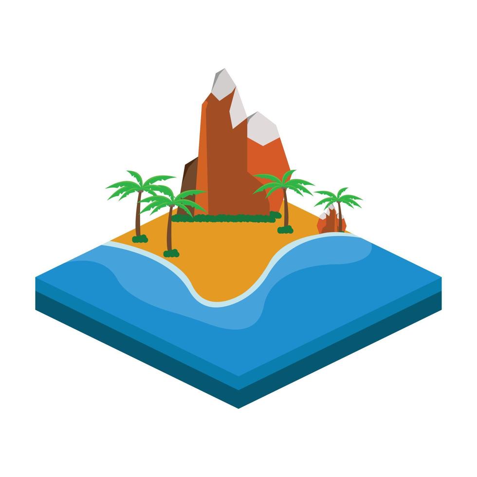 diseño de vector de playa de arena isométrica con colina y árbol. vector de playa de arena con paisaje de forma isométrica. playa con montañas y cocoteros en verano.