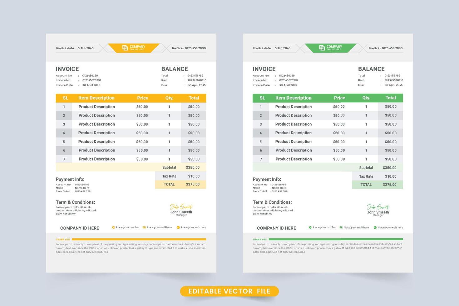 Payment receipt template design with yellow and green color shade. Creative cash receipt design for business product sell information. Invoice template vector with the payment agreement section.