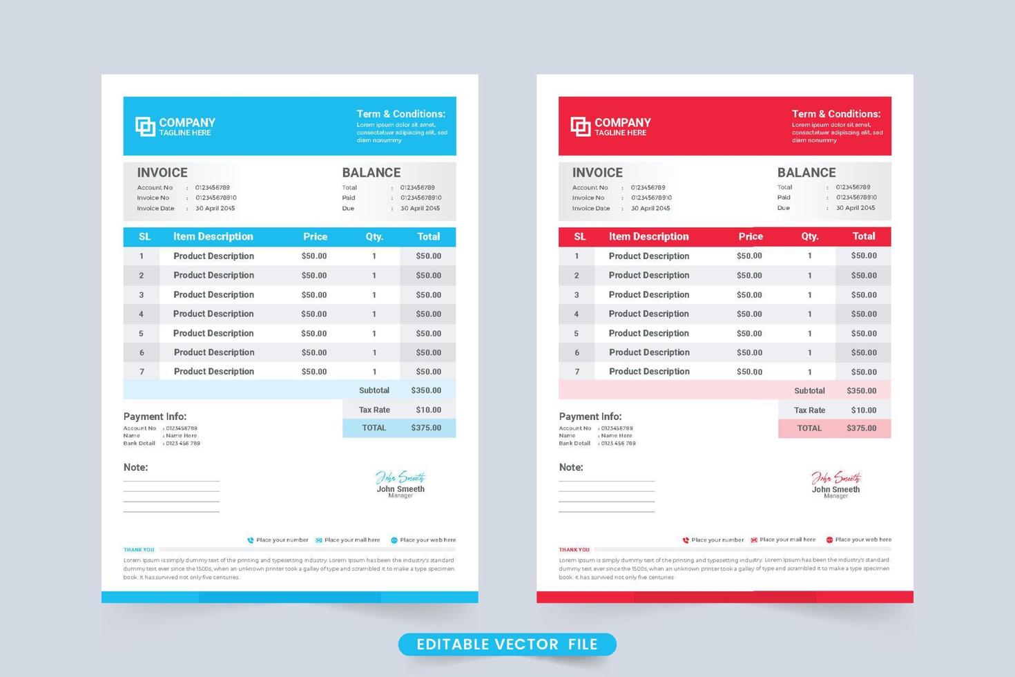 Payment agreement and invoice template vector with cyan and red color. Product buy and sell billing invoice design with payment information. Minimal invoice template with price receipt vector.