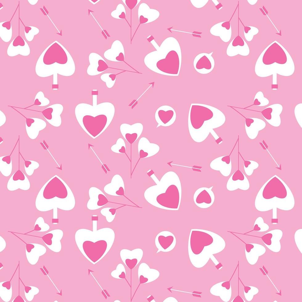 vector de patrones sin fisuras del día de san valentín para portadas y sábanas. decoración de patrón de forma de amor con fondo rosa y flechas de amor. linda forma de corazón y diseño de patrón de poción de amor para parejas.