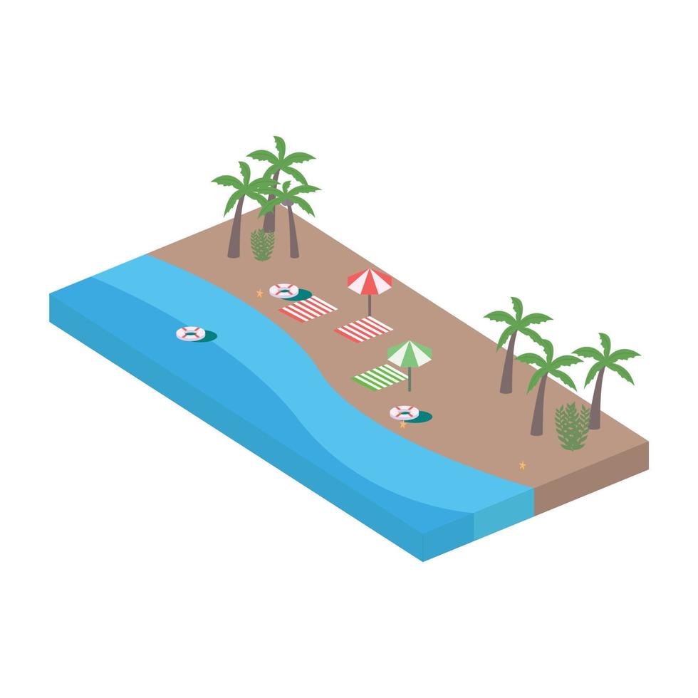 diseño vectorial de playa de arena isométrica con el elemento resort. vector de playa de arena con forma isométrica. Playa 3d con cocotero y aro salvavidas en verano.